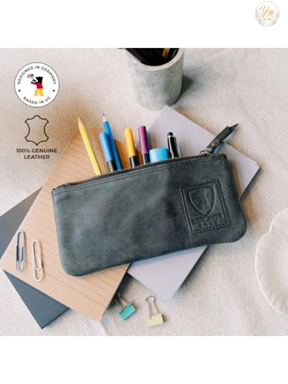 Genuine Leather Pencil Case Pouch Zip Pen Holder Organizer